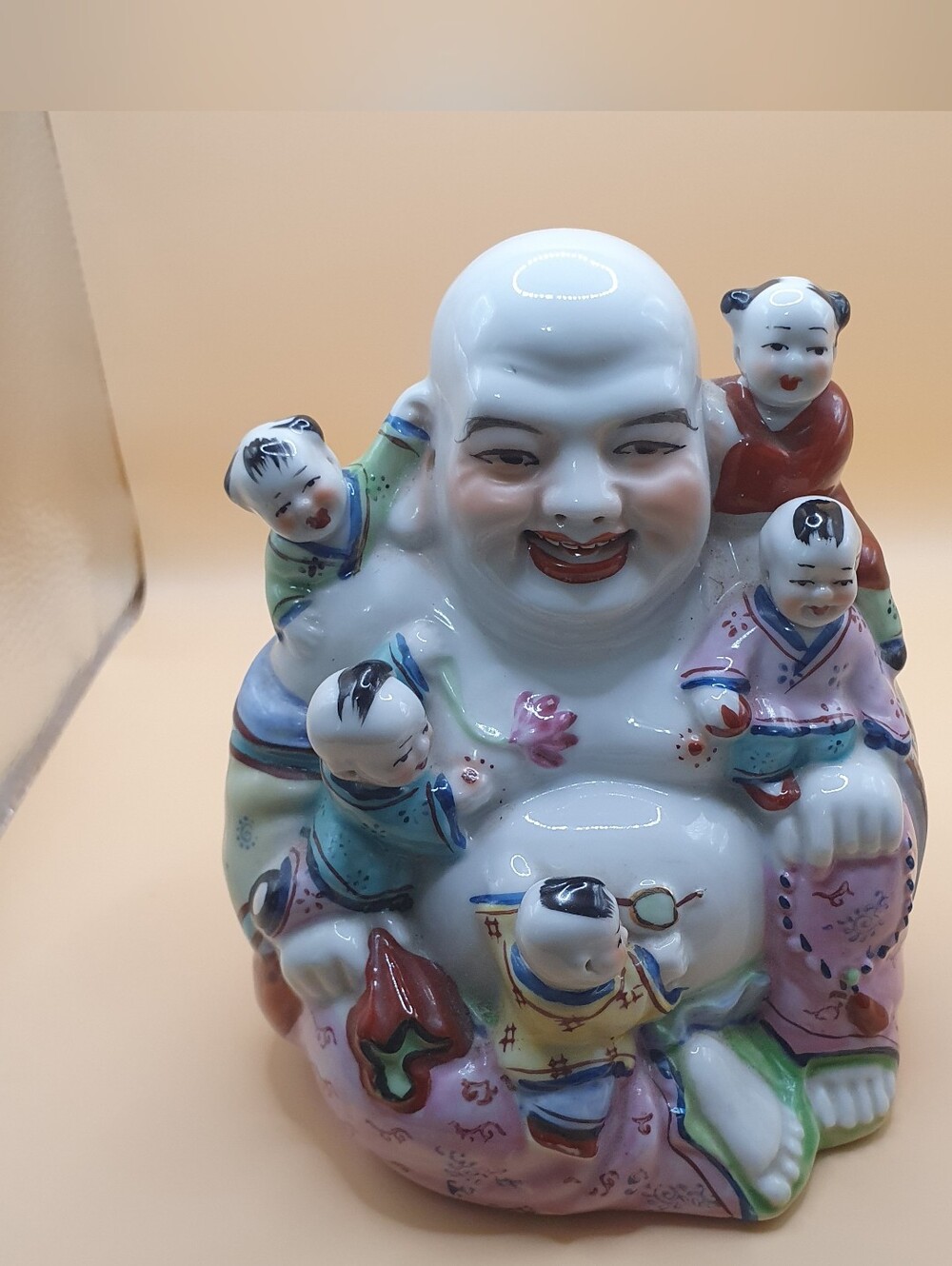 Vintage White Multicolor Porcelain Laughing Buddha Statue with Children